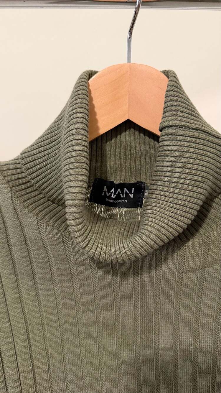 boohooMAN Olive Green Ribbed Turtleneck Long Sleeve Sweater